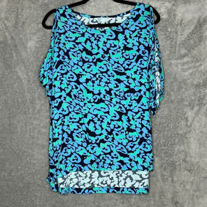 Escapade Living Medium Shirt Top Blue Animal Print Cold Shoulder Scoop Neck Knit
